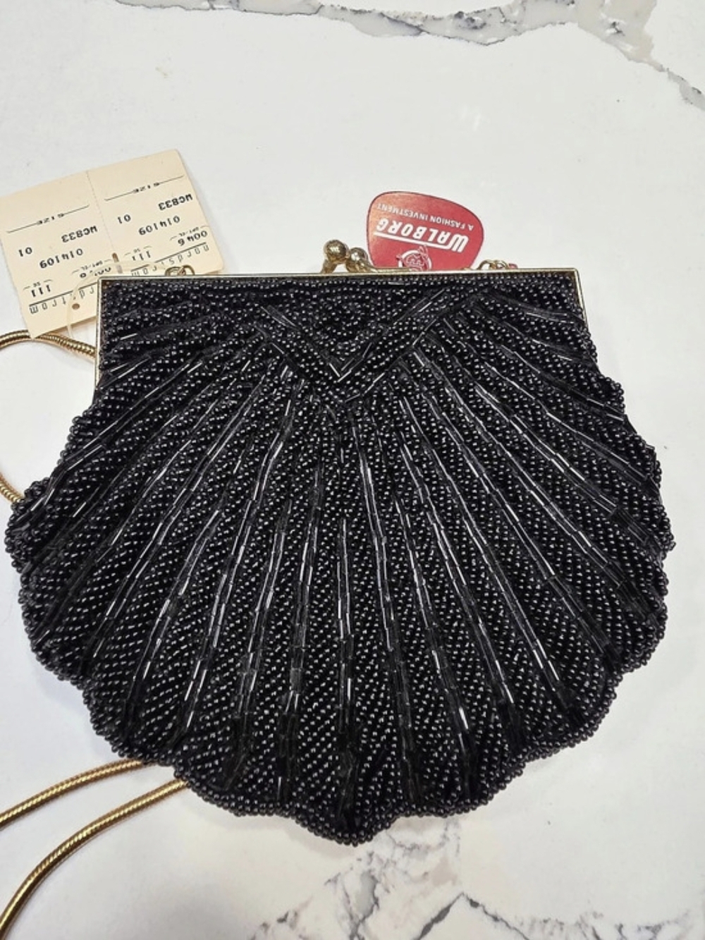 Vintage Walborg Black Beaded Clamshell Evening Bag. NWT
